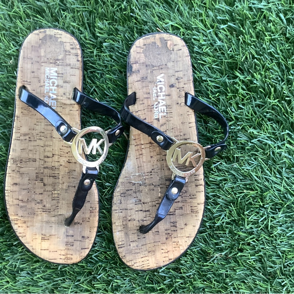 Michael Kors Black and Gold Sandals with Cork Footbed